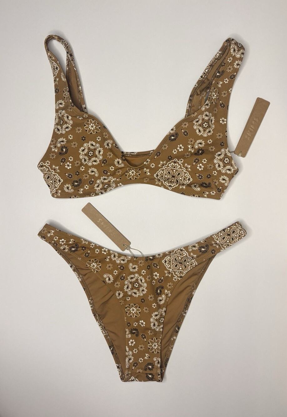 SKIMS Signature Plunge Top and Tanga Bottom Bikini Set Almond Bandana Sz S NWT